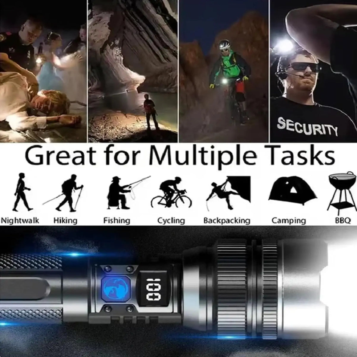A rechargeable LED flashlight with a digital display and zoom lens shown in various outdoor and security contexts.