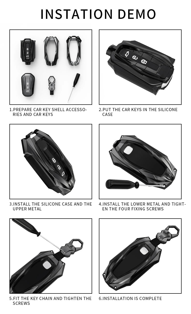 Step-by-step instructions showing how to install a silicone case and key chain onto a zinc alloy key fob for Chevy Silverado 