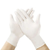A pair of disposable white nitrile gloves being held together by a person's hands.