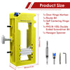 Yellow door hinge mortiser template with various bits including a router bit, self-centering hinge bit, screwdriver bit, and 