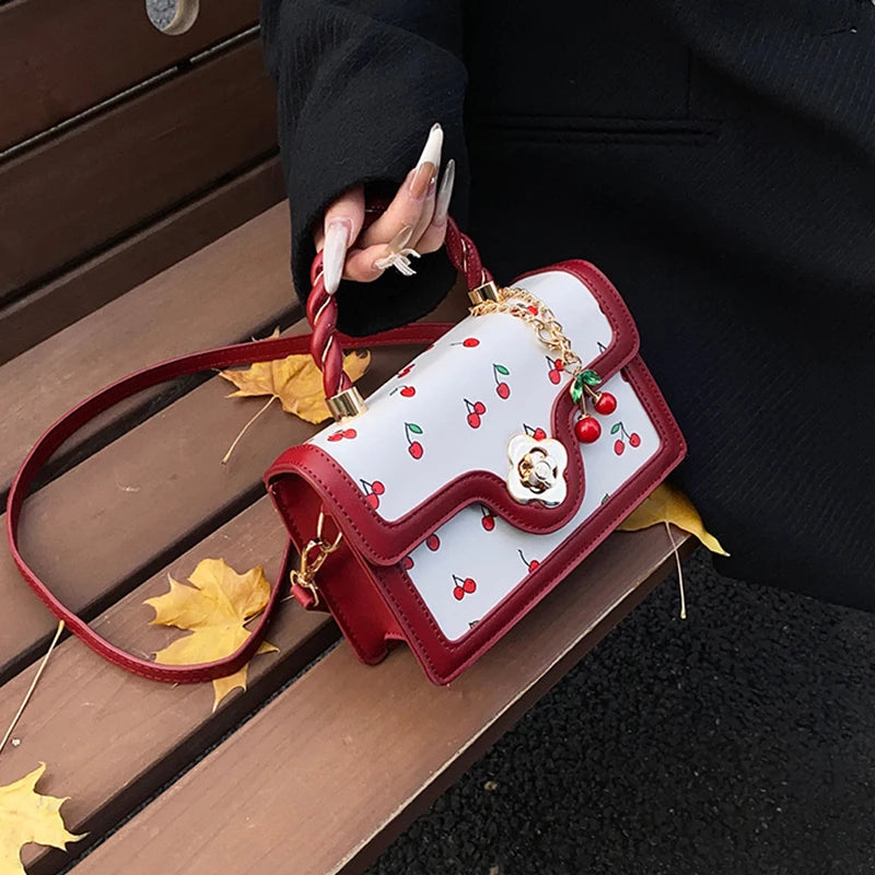 Cherry Print Crossbody Bag with Top Handle