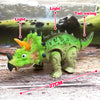 A green plastic T-Rex dinosaur toy with light features is shown walking on a wooden surface.