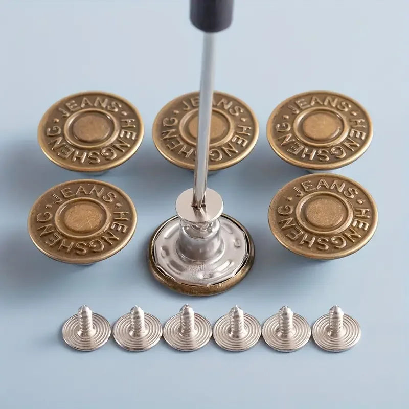 A set of bronze buttons shaped like jeans for clothing