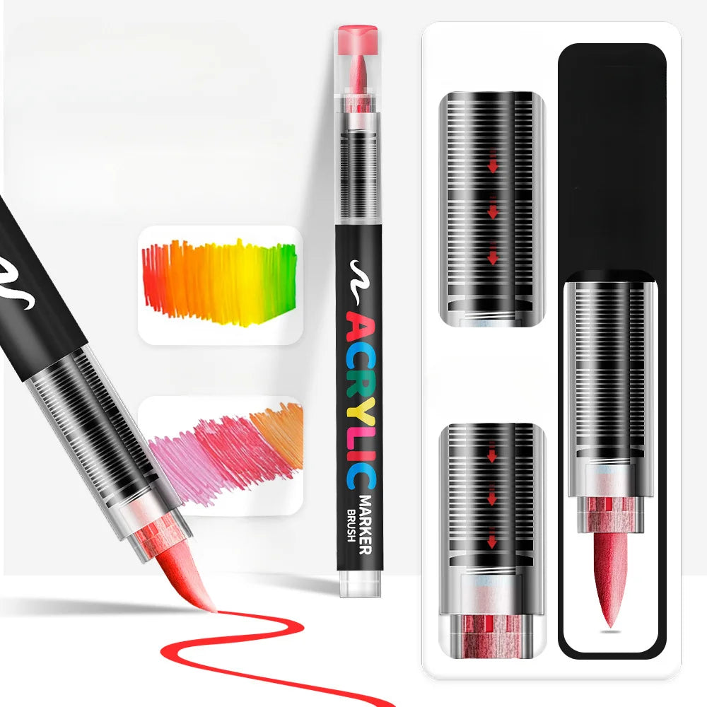 Ein Set aus Acrylmarkerstiften in verschiedenen Farben und Spitzen auf weißem Hintergrund.