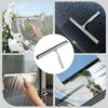 A soft silicone shower squeegee with a hanging hook is shown being used on glass surfaces.