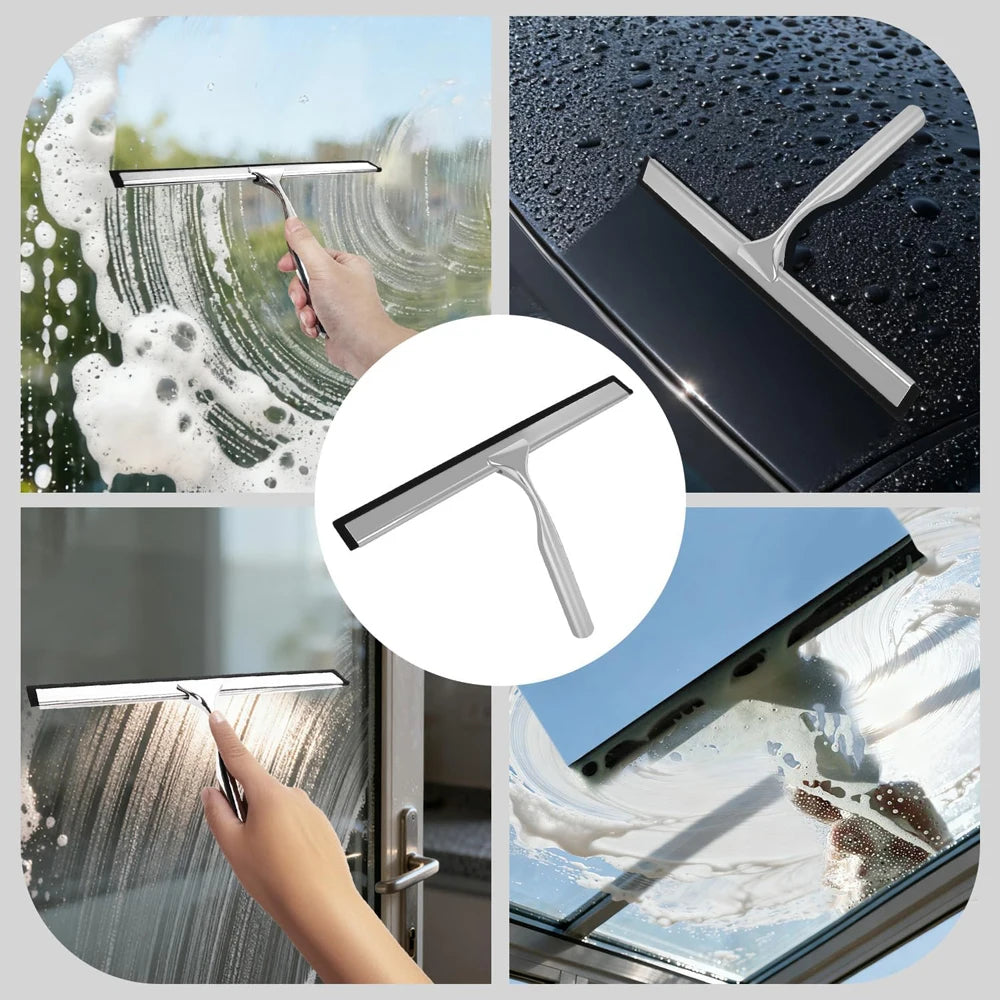 A soft silicone shower squeegee with a hanging hook is shown being used on glass surfaces.