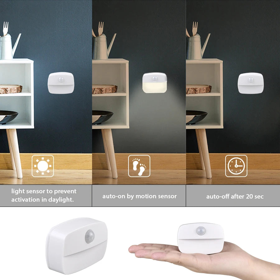 A white motion sensor LED night light is shown in various contexts, including mounted on a shelf and held in a hand.
