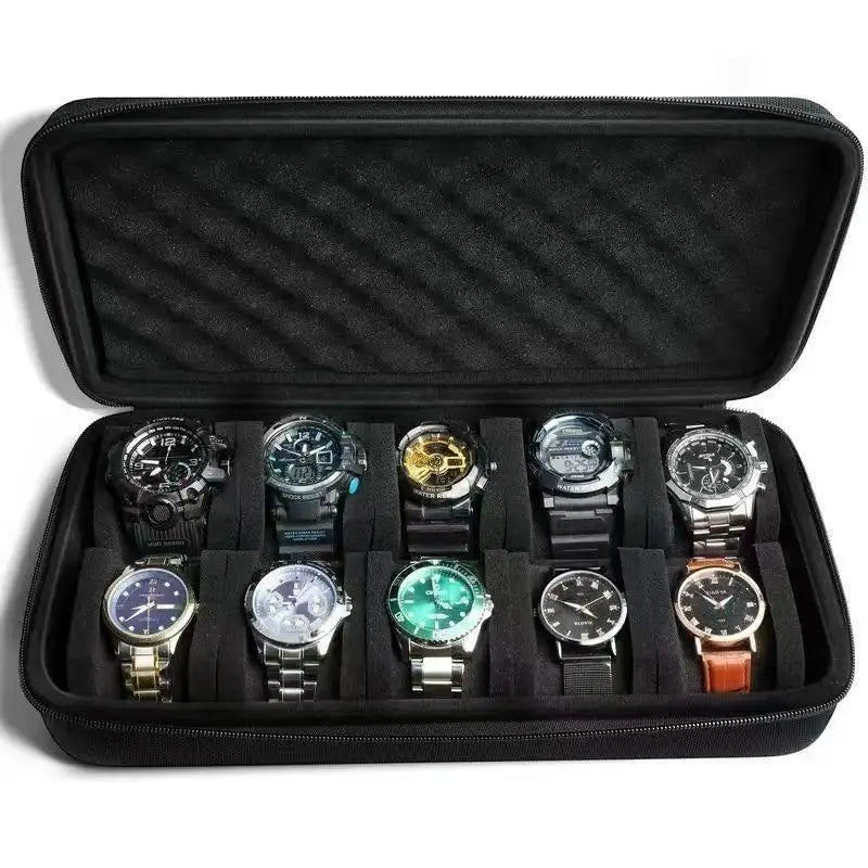 A black portable leather watch travel case with soft lining containing several wristwatches.