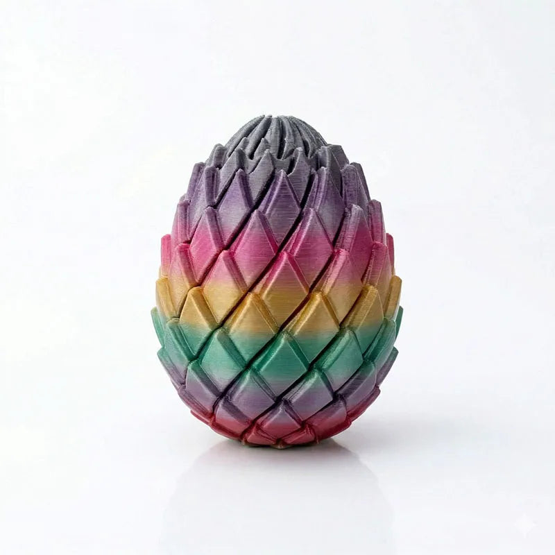 A 3D printed dragon twist egg stress reliever with a multicolored, iridescent shell.