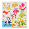 A wooden 3D jigsaw puzzle featuring various dinosaurs and animals like Tyrannosaurus, Triceratops, and Mosasaurus.