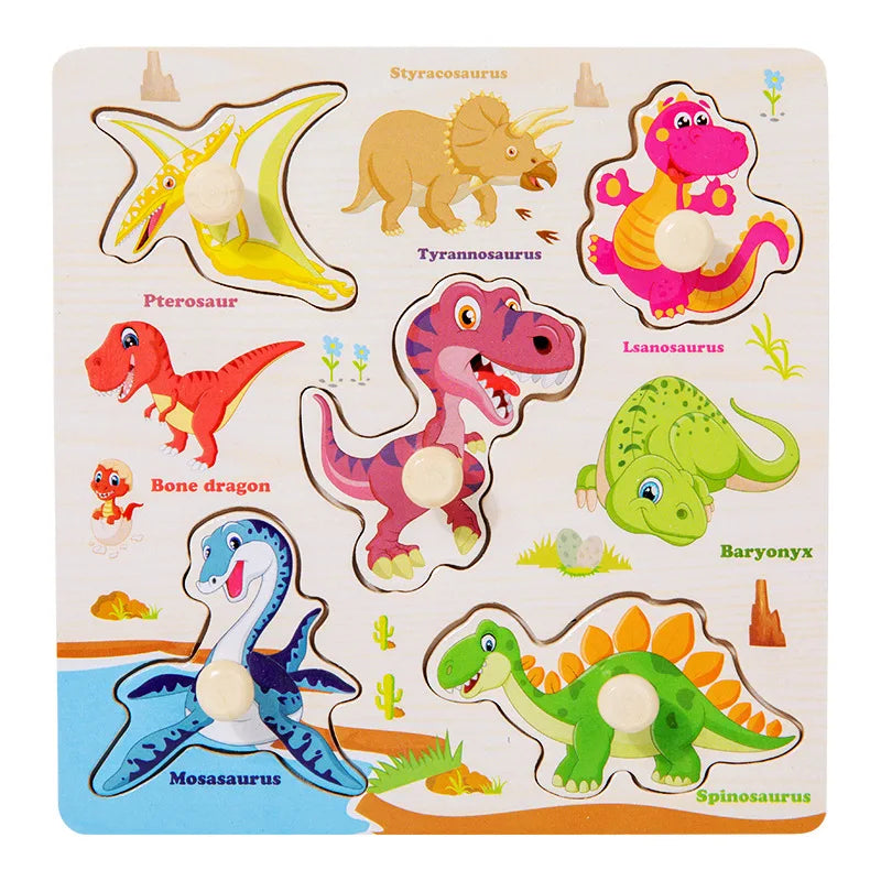 A wooden 3D jigsaw puzzle featuring various dinosaurs and animals like Tyrannosaurus, Triceratops, and Mosasaurus.