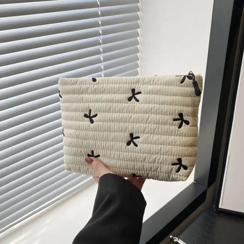 Embroidered Bow Makeup Bag with Large Capacity