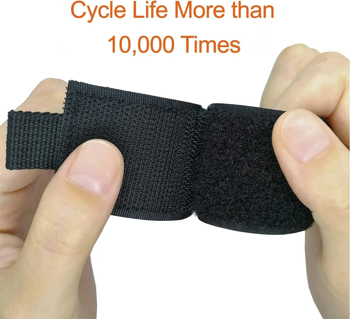 A hand holds a black heavy-duty nylon cord organizer strap with a triangle buckle.
