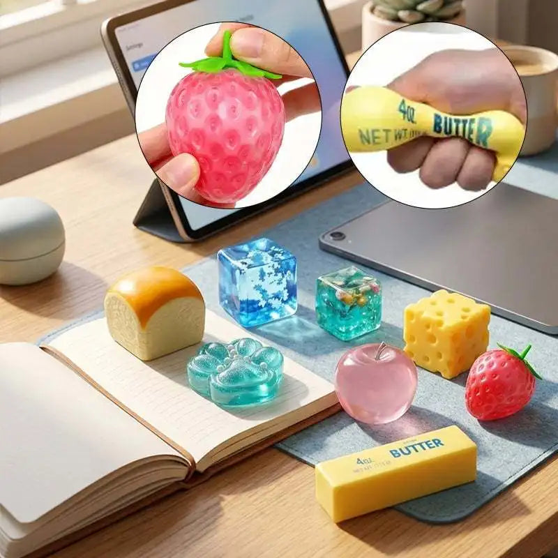 Set aus squishy sensorischen Fidget-Bällen mit Früchtenformen auf einem Holztable