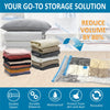 Vacuum storage bags with hand pump showing various fabric items and plastic bags for storage
