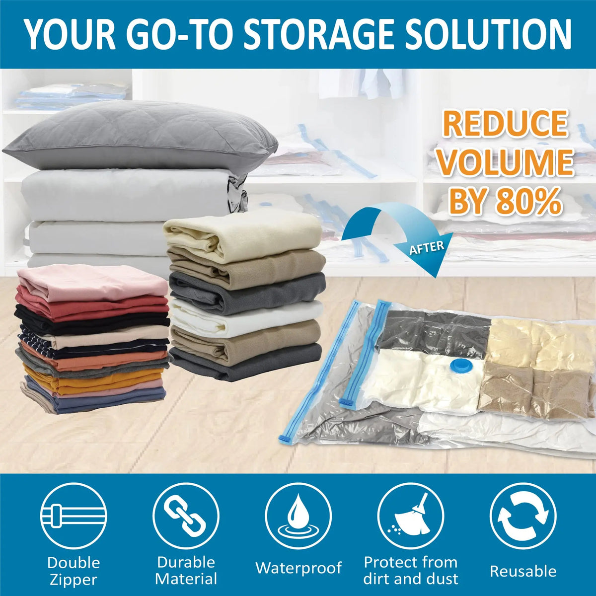 Vacuum storage bags with hand pump showing various fabric items and plastic bags for storage