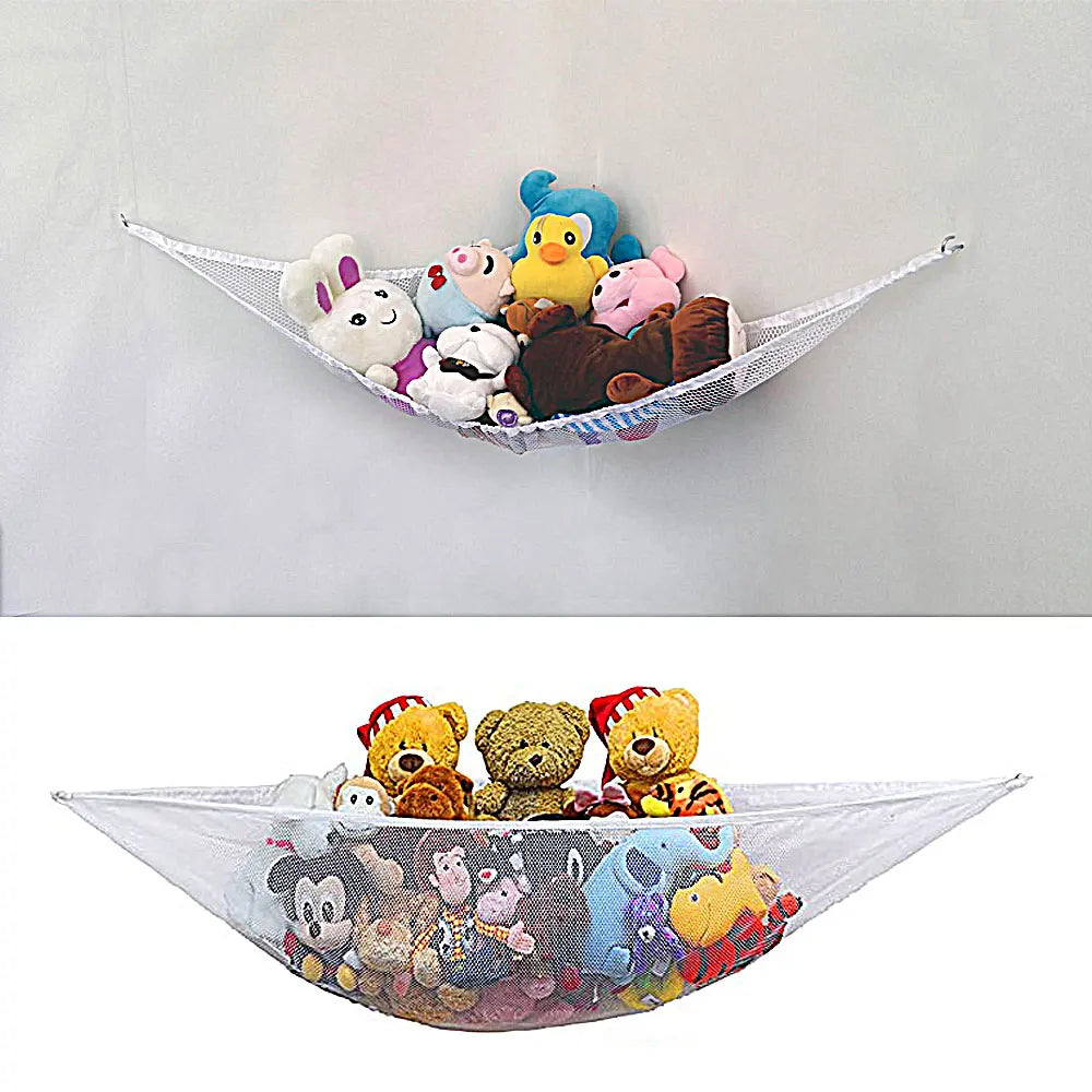 A large mesh toy storage hammock filled with various plush toys and stuffed animals.