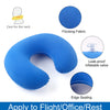 Blue inflatable U-shaped travel neck pillow with flocking fabric and edge sealing for comfort.