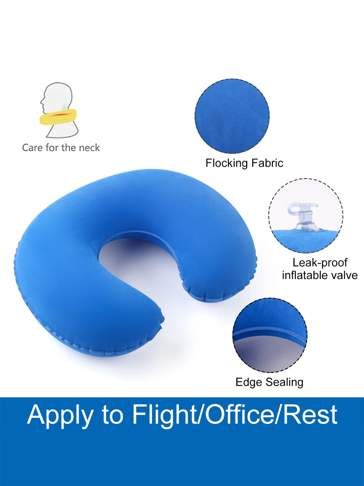 Blue inflatable U-shaped travel neck pillow with flocking fabric and edge sealing for comfort.