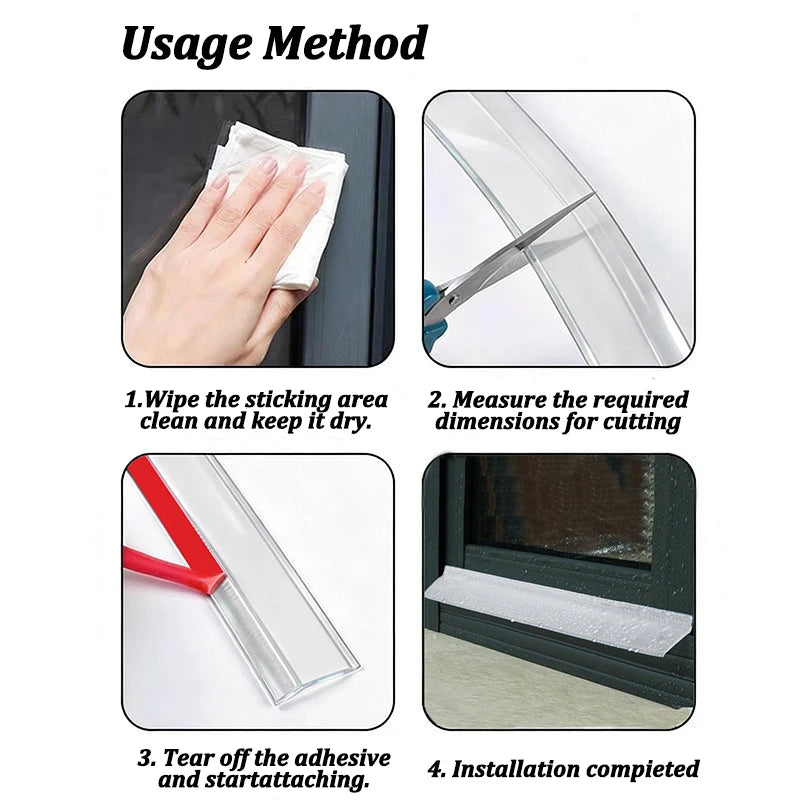 Instructions showing how to use a self-adhesive transparent sealing strip for installation.