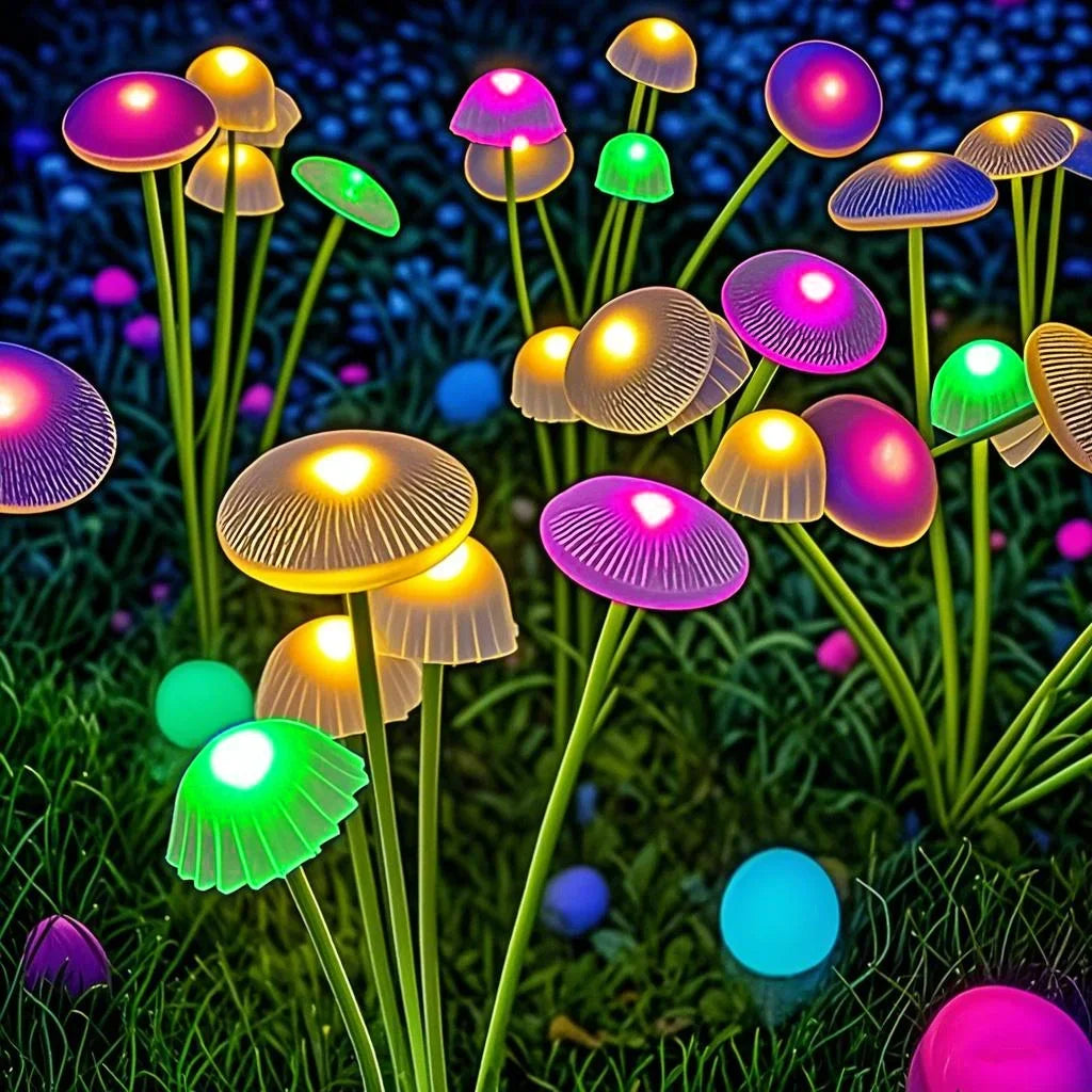 Gros plan sur diverses lumières de champignons colorées et lumineuses poussant dans l'herbe verte.