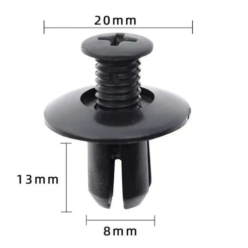 A black heavy-duty plastic fastener with a threaded top and a flat base, shown with dimensions.