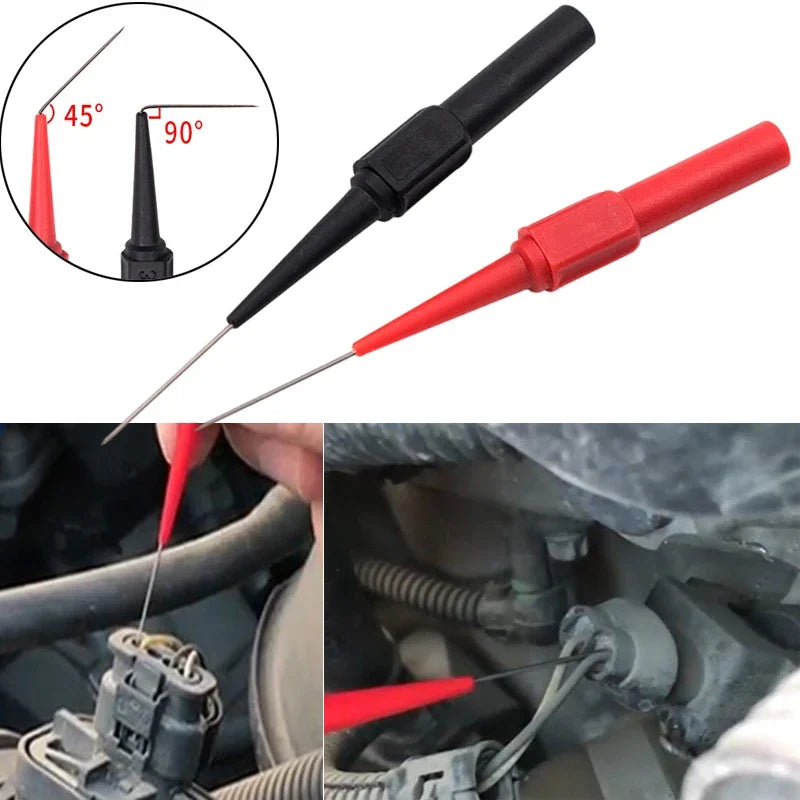 A set of red and black multimeter back-piercing test probes with various needle tips shown alongside a hand inserting one int