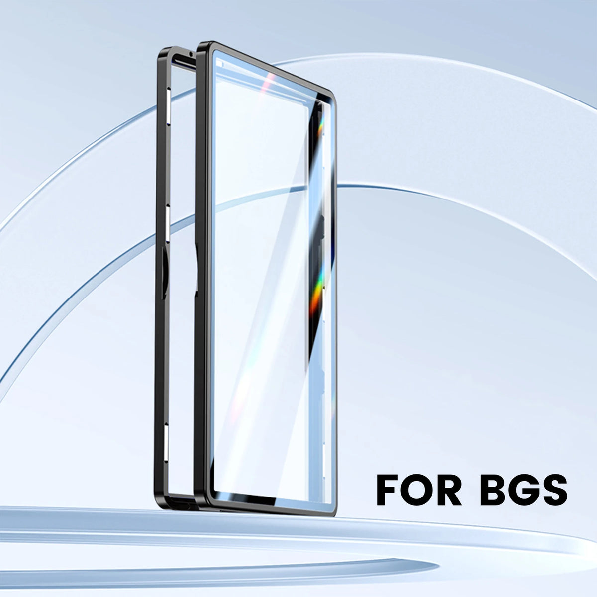 A clear protective display case for a trading card shown against a light blue gradient background.
