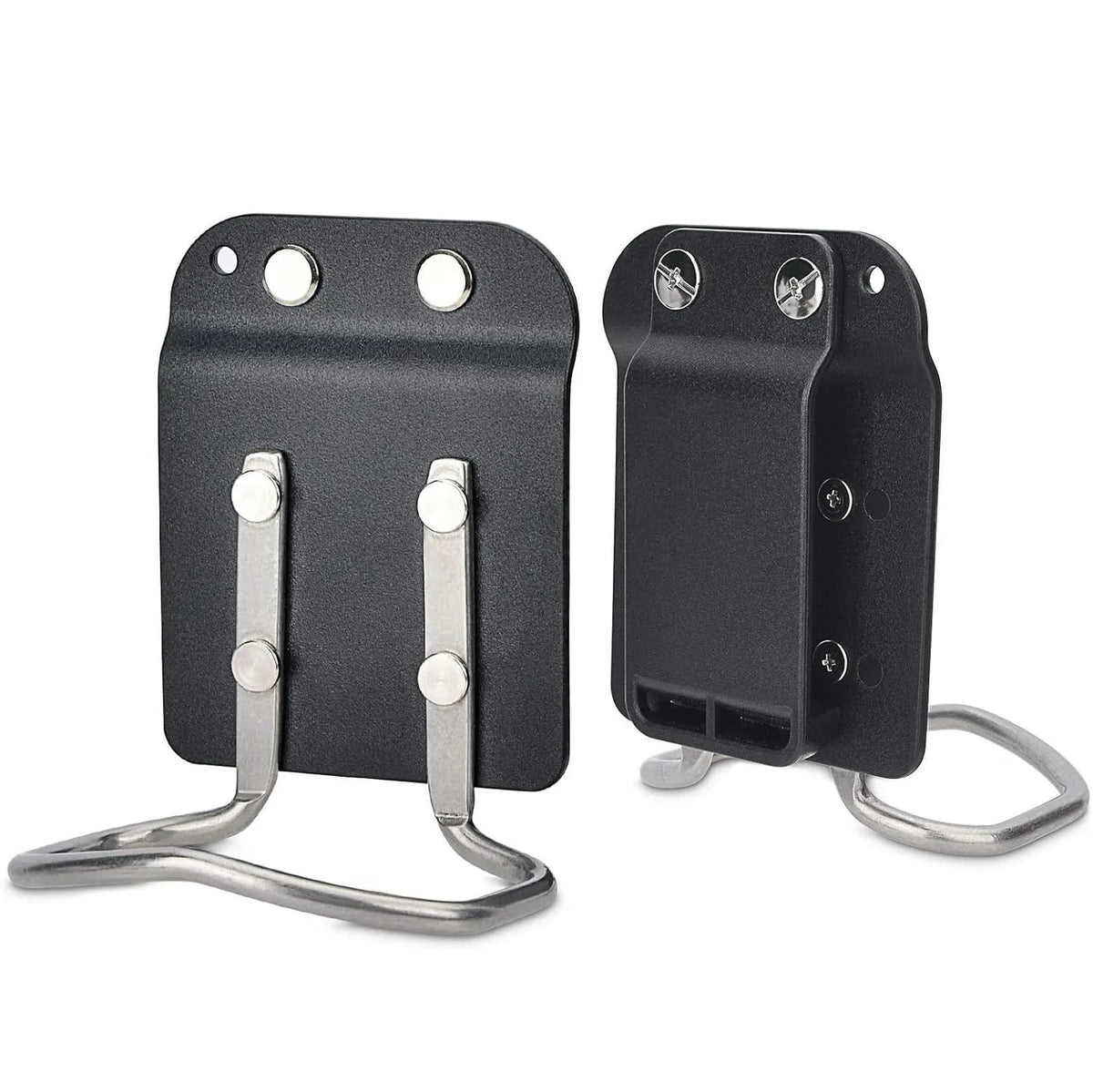 Black clip-on tool belt holster for drills and power tools with metal clips