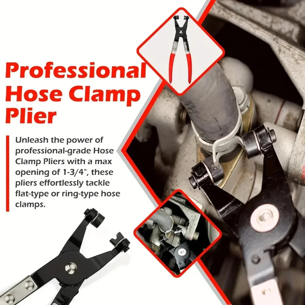 A professional hose clamp pliers shown with a close-up view and an inset of the tool's opening.