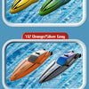 Three models of remote control boats are displayed in yellow/gradient, orange/silver gray, and purple/gradient colors.
