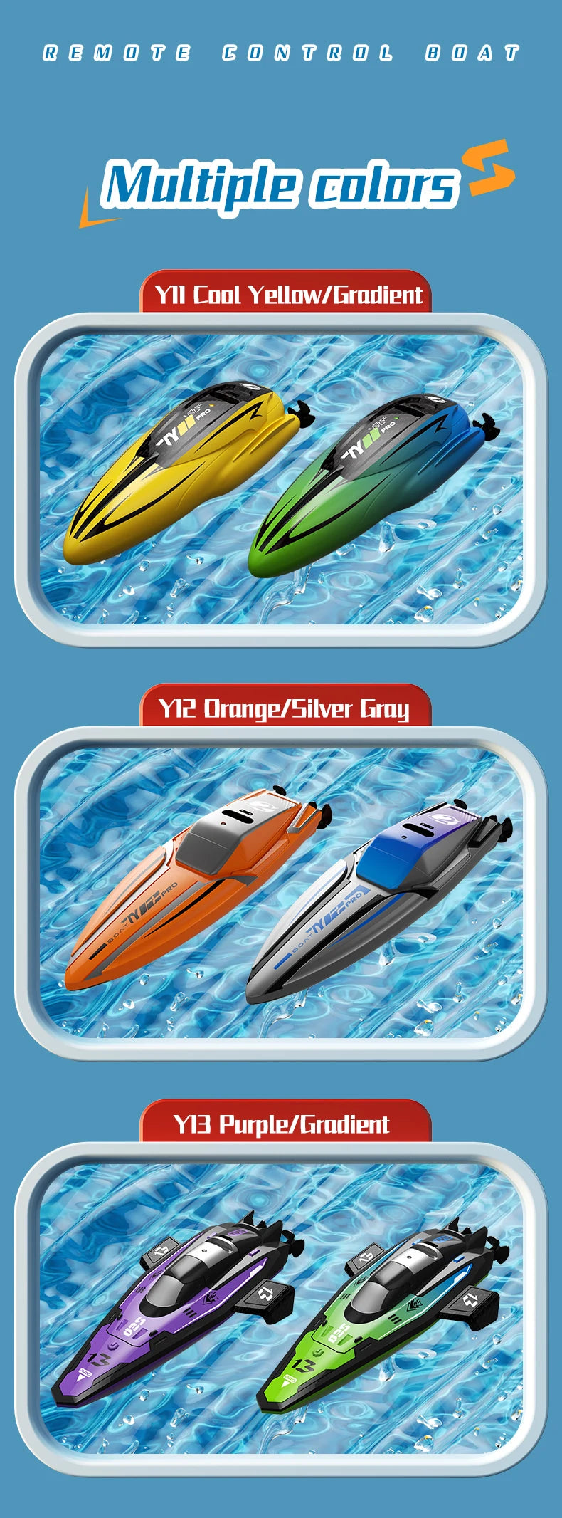 Three models of remote control boats are displayed in yellow/gradient, orange/silver gray, and purple/gradient colors.