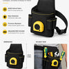 Black tool pouch with yellow accents and an adjustable belt shown in on-body view.
