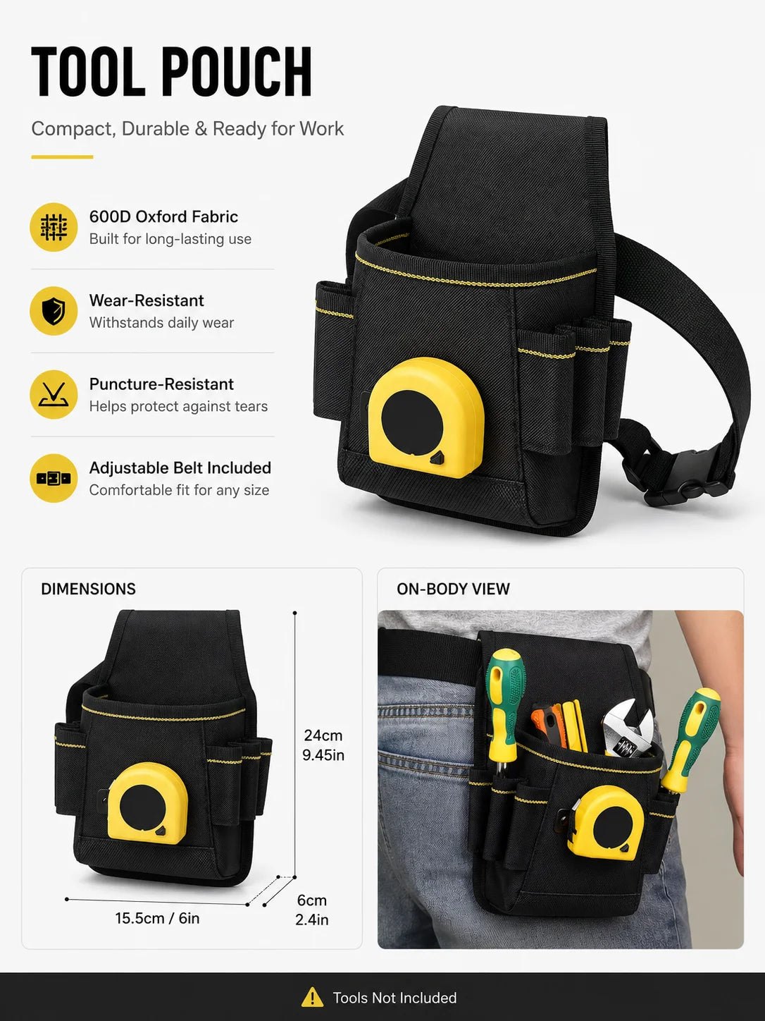 Black tool pouch with yellow accents and an adjustable belt shown in on-body view.