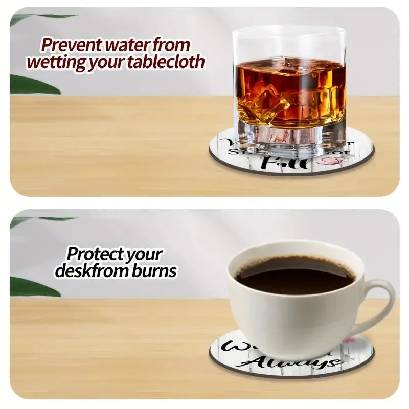 Hand-painted wooden coasters with English art patterns protecting a tablecloth and desk from spills and burns.