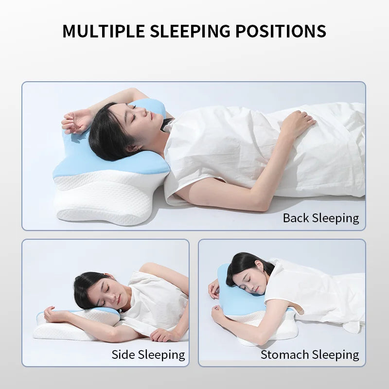 Demonstration of multiple sleeping positions using an ergonomic memory foam cervical pillow for neck pain relief.