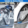 A car hose guide with a roller wedge is shown cleaning a car tire on asphalt.
