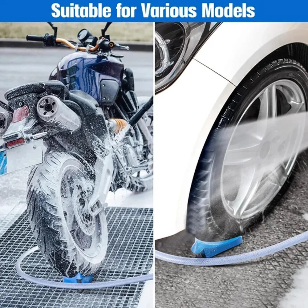 A car hose guide with a roller wedge is shown cleaning a car tire on asphalt.