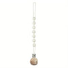 A silicone pacifier clip with a teether, featuring a white chain and a wooden ball.