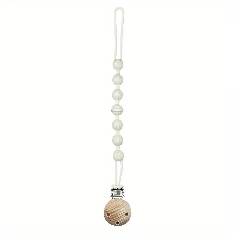 A silicone pacifier clip with a teether, featuring a white chain and a wooden ball.