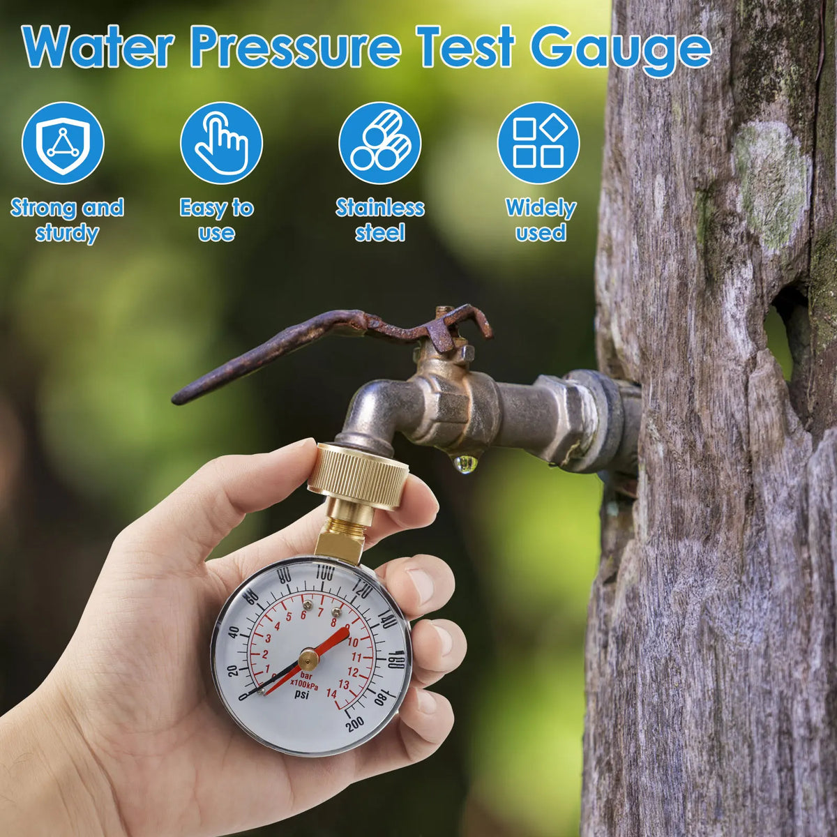 A hand holds a water pressure test gauge with a brass fitting, measuring water pressure from 0 to 200 PSI.