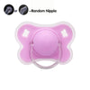 A pink silicone baby pacifier with a flower design and protective cover shown next to two nipple options.