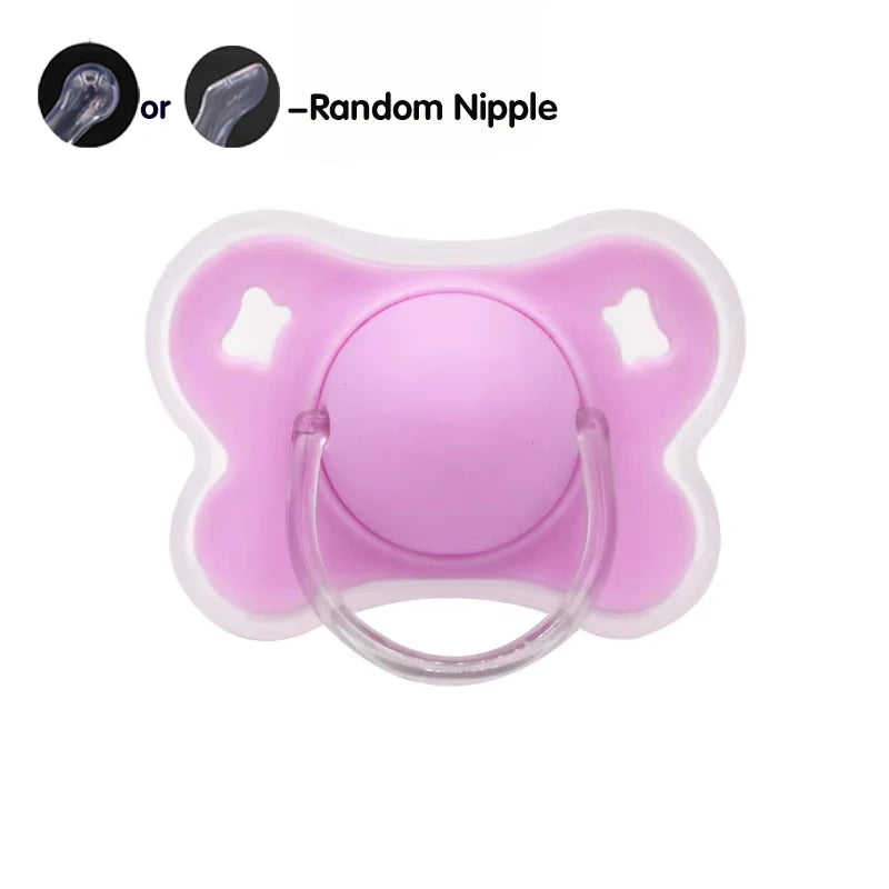 A pink silicone baby pacifier with a flower design and protective cover shown next to two nipple options.