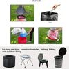 A portable toilet absorbent powder kit shown with various components including a bucket, a bag, and the finished product.