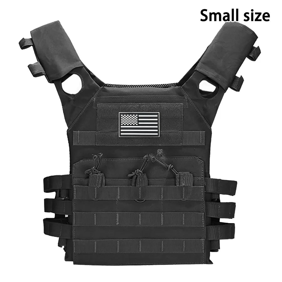Black multifunctional MOLLE training vest with a US flag emblem