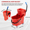 A red commercial mop bucket with a side-press wringer and wheels is shown, demonstrating its design for efficient cleaning.