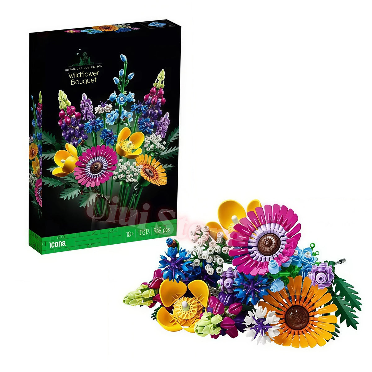 A box of Botanical Blooms building blocks featuring a colorful artificial flower bouquet.