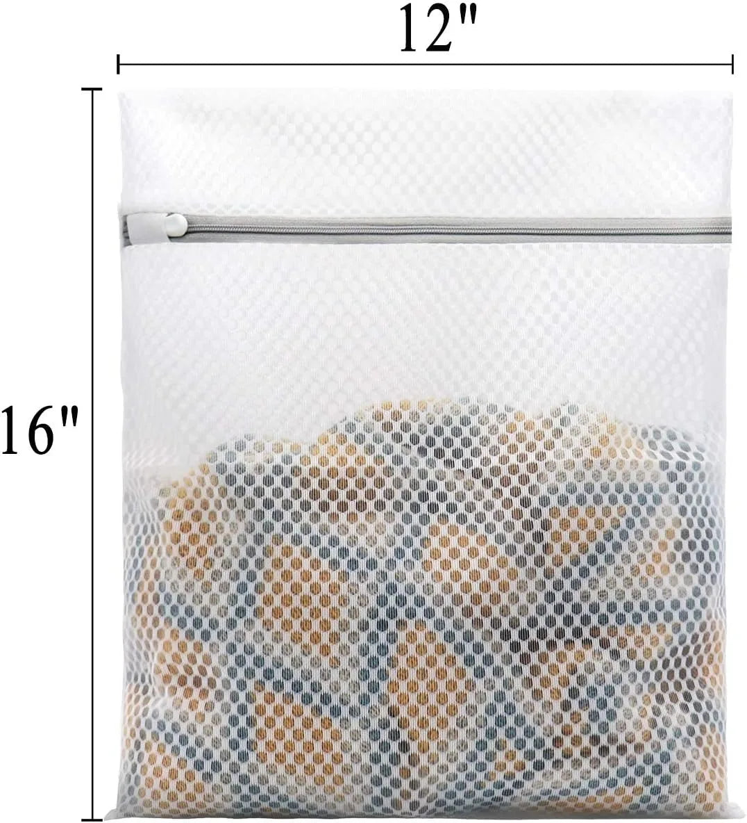 A white mesh laundry bag filled with a pile of light-colored, irregularly shaped fabric items.