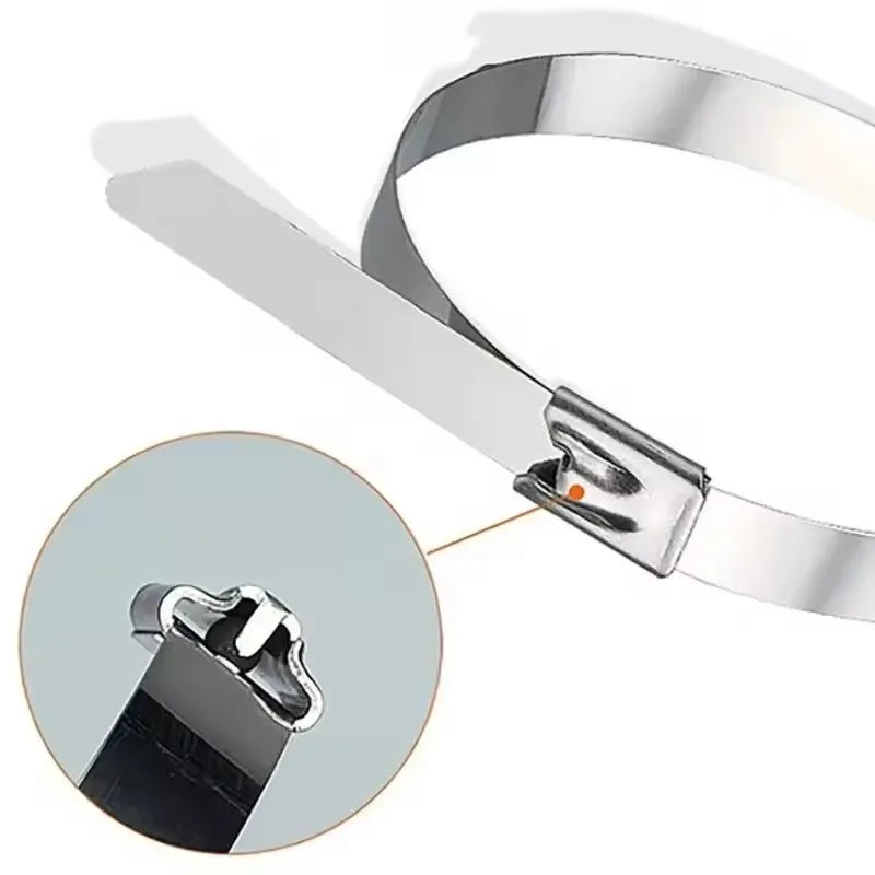 A close-up view of a reusable self-locking stainless steel cable tie with a visible locking mechanism.