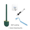 A green silicone toilet brush and wall-mount holder for green cleaning kits.